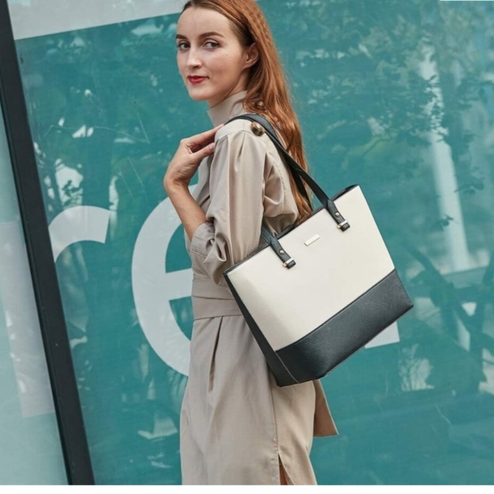 All NEW 4 Piece Purse SET Black/Ivory Faux Leather Tote, Shoulder Bag Bundle - Picture 4 of 13